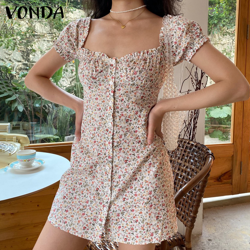 Vonda Đầm Tay Ngắn Phối Nút Họa Tiết Hoa Phong Cách Hàn Quốc Thời Trang Mùa Hè Cho Nữ | BigBuy360 - bigbuy360.vn