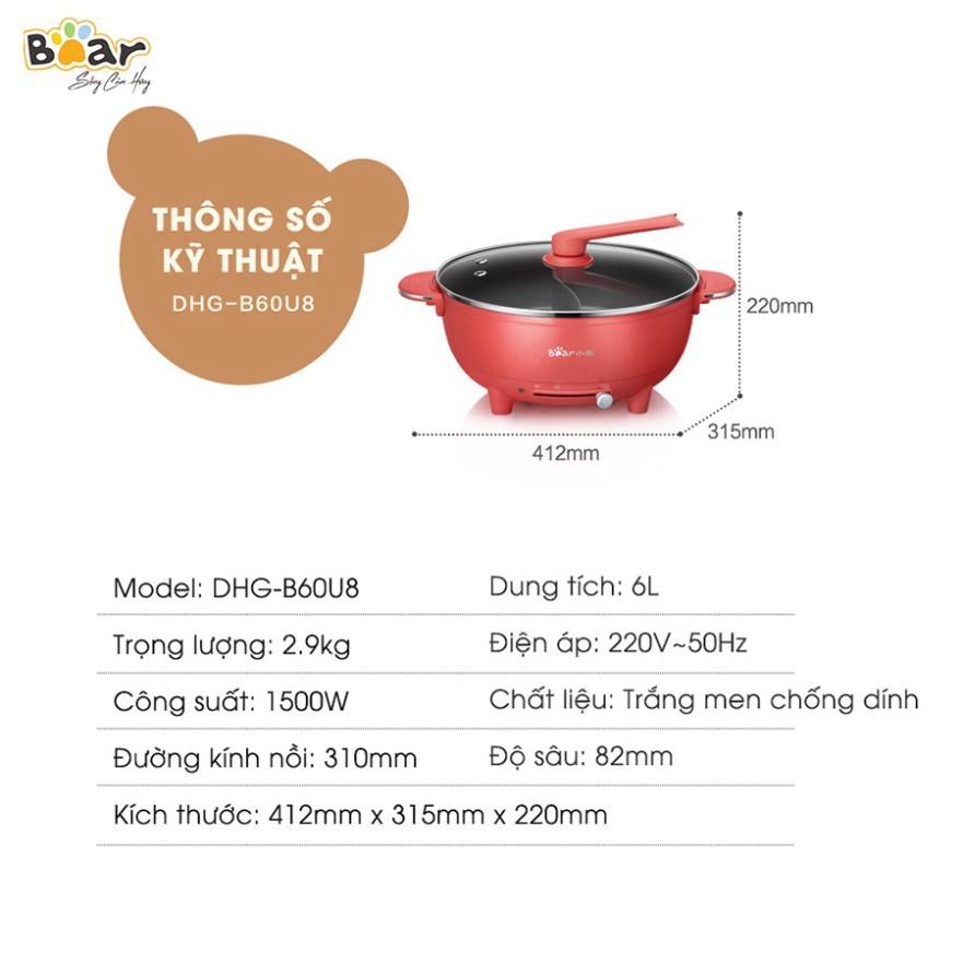 Nồi lẩu uyên ương Bear 6L Màu Đỏ SUBE006 bản quốc tế