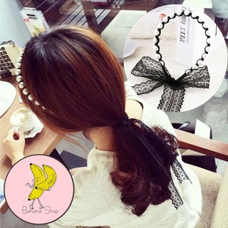 Băng Đô Bờm Cài Tóc Kết Ngọc Trai Nhân Tạo Kèm Dây Nơ Ren Tiểu Thư Hàn Quốc Siêu Nữ Tính !