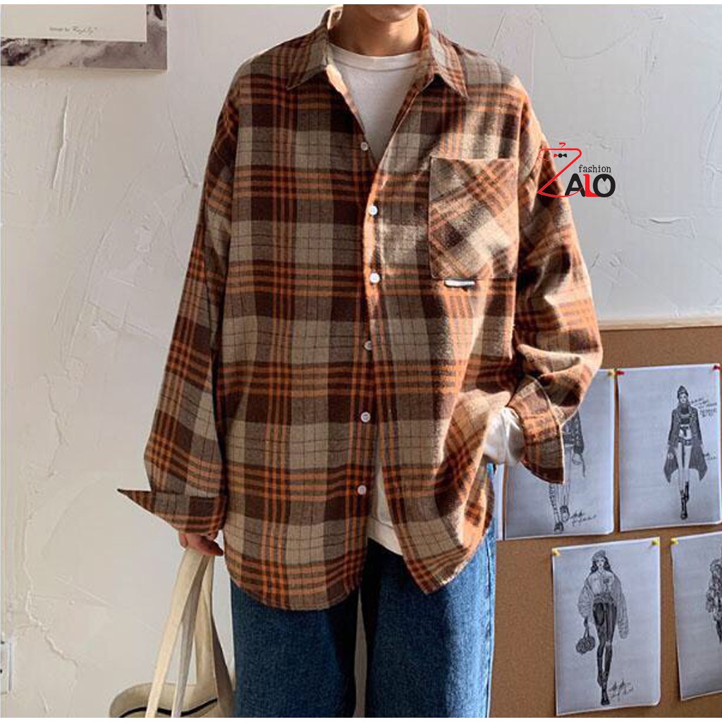 Áo Khoác Sơ Mi Flannel Caro Nâu Sữa SM06 Cá Tính Unisex