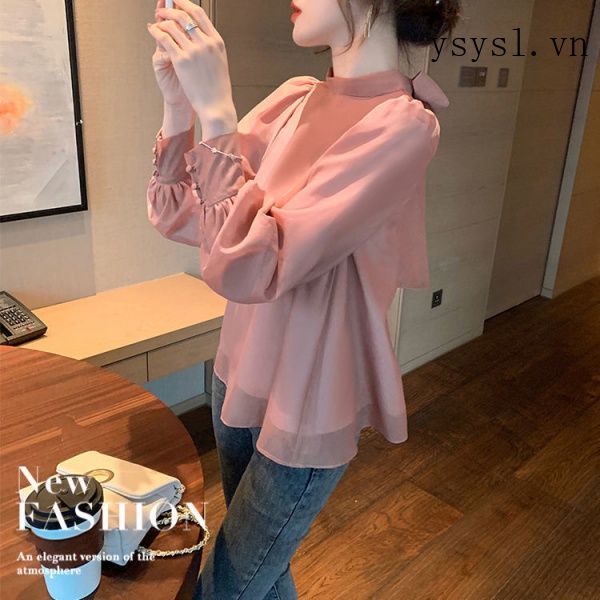 Áo Sơ Mi Tay Dài Che Bụng Thắt Nơ Phía Trước Sau Lưng Phong Cách Pháp Thời Trang Xuân Thu 2021