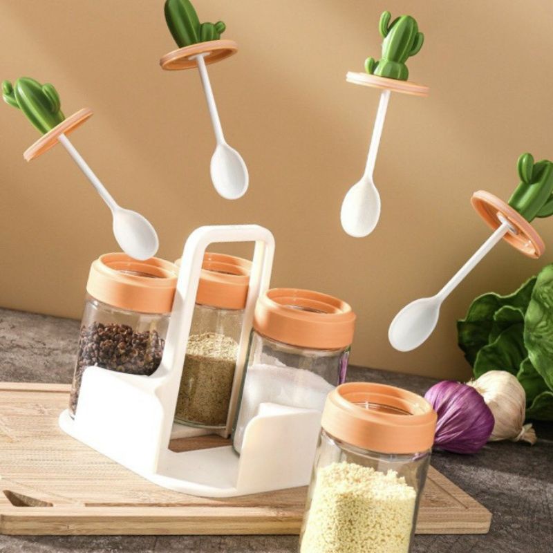 SET 4 Hũ thủy tinh hình xương rồng đựng gia vị kèm thìa mẫu mới 2021