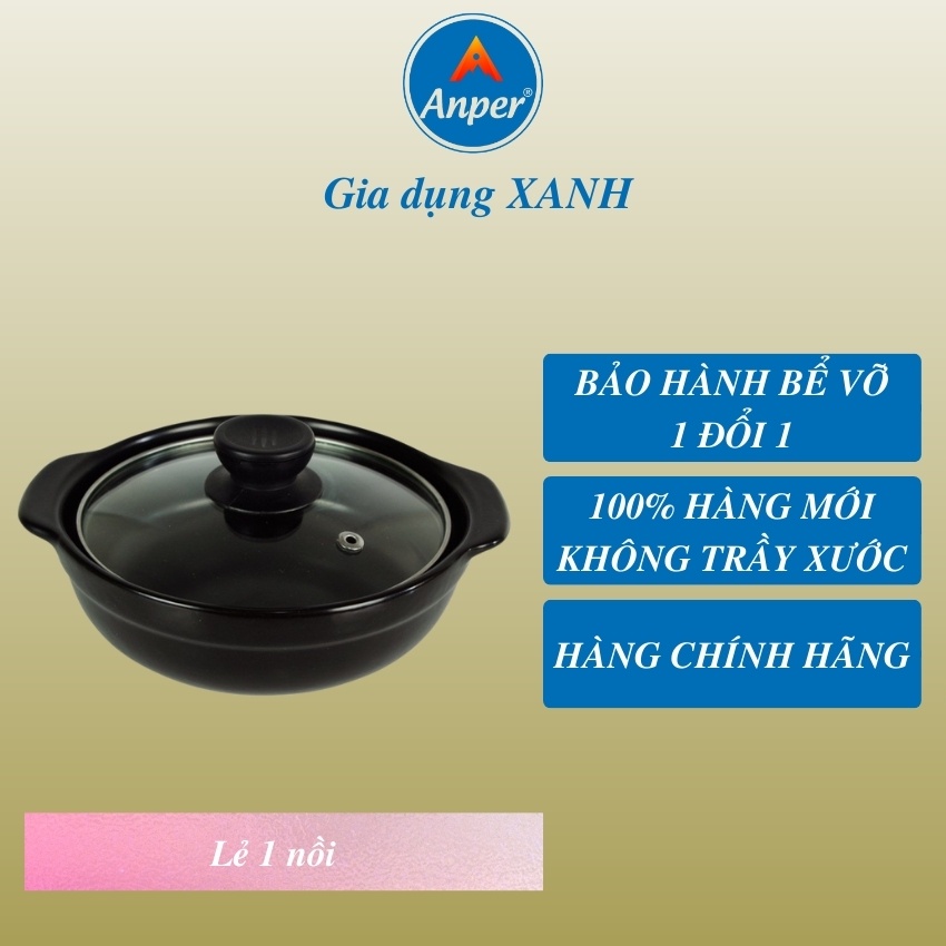 Nồi Đất Kho Quẹt Anper Lòng Cạn 160 ml Nắp Kính Tráng Men Chống Dính , Nồi Đất Hàn quốc , Kho Cá , Kho Thịt SỐ 5