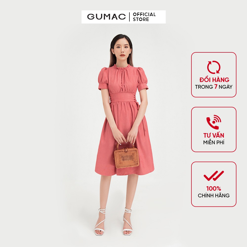 [Mã WABRGU155 giảm 15% tối đa 50k đơn 199k] Đầm xòe nữ đan eo nhún cổ GUMAC màu hồng phong cách vintage DB423 | BigBuy360 - bigbuy360.vn