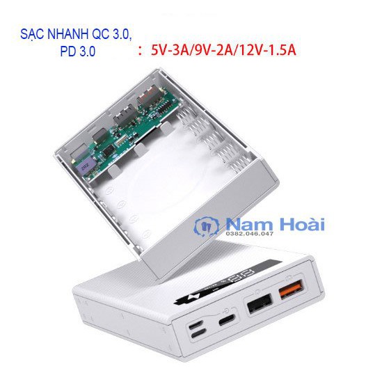 Box sạc dự phòng 5 cell hổ trợ sạc nhanh QC 3.0, PD 3.0 ( Có thể dể dàng tháo nắp để thay pin khi sử dụng lâu ngày )