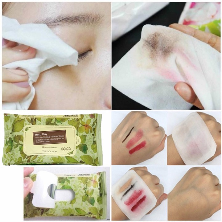 Khăn Giấy Tẩy Trang Vùng Mắt Và Môi THEFACESHOP HERB DAY LIP&amp;EYE REMOVER WIPES (30pcs)(01/11/2023)