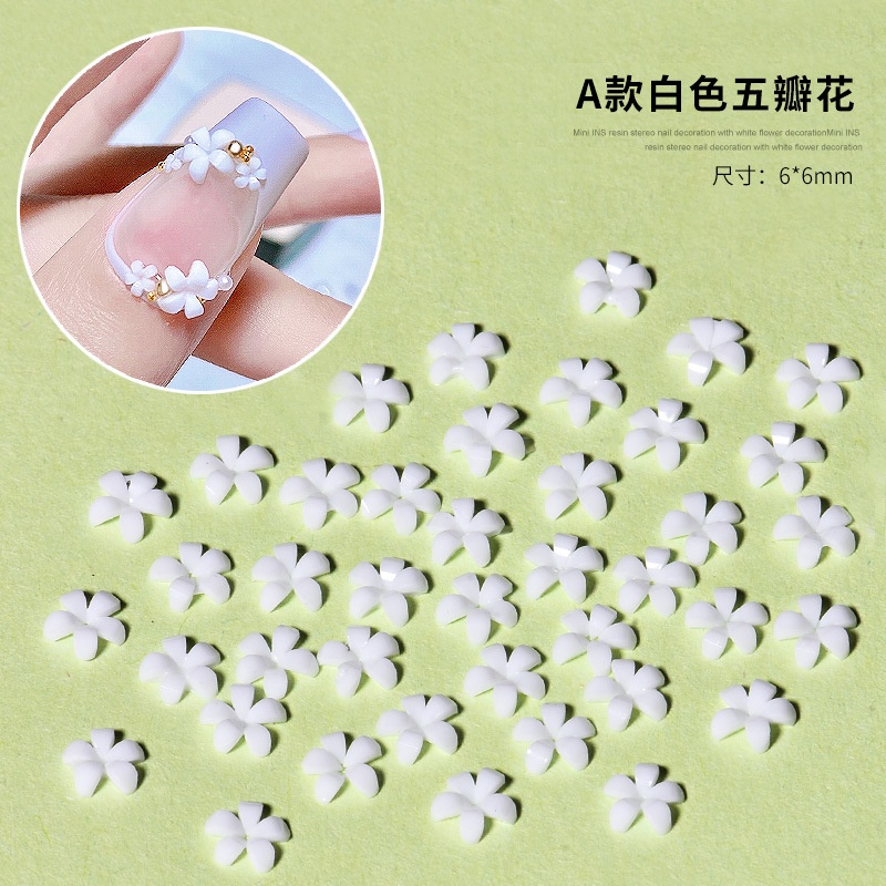 50 viên trong một gói Bông Hoa Nhỏ Màu Trắng Nhỏ Xinh Trang Trí Móng Tay Ba Chiều Phong Cách Nhật Bản