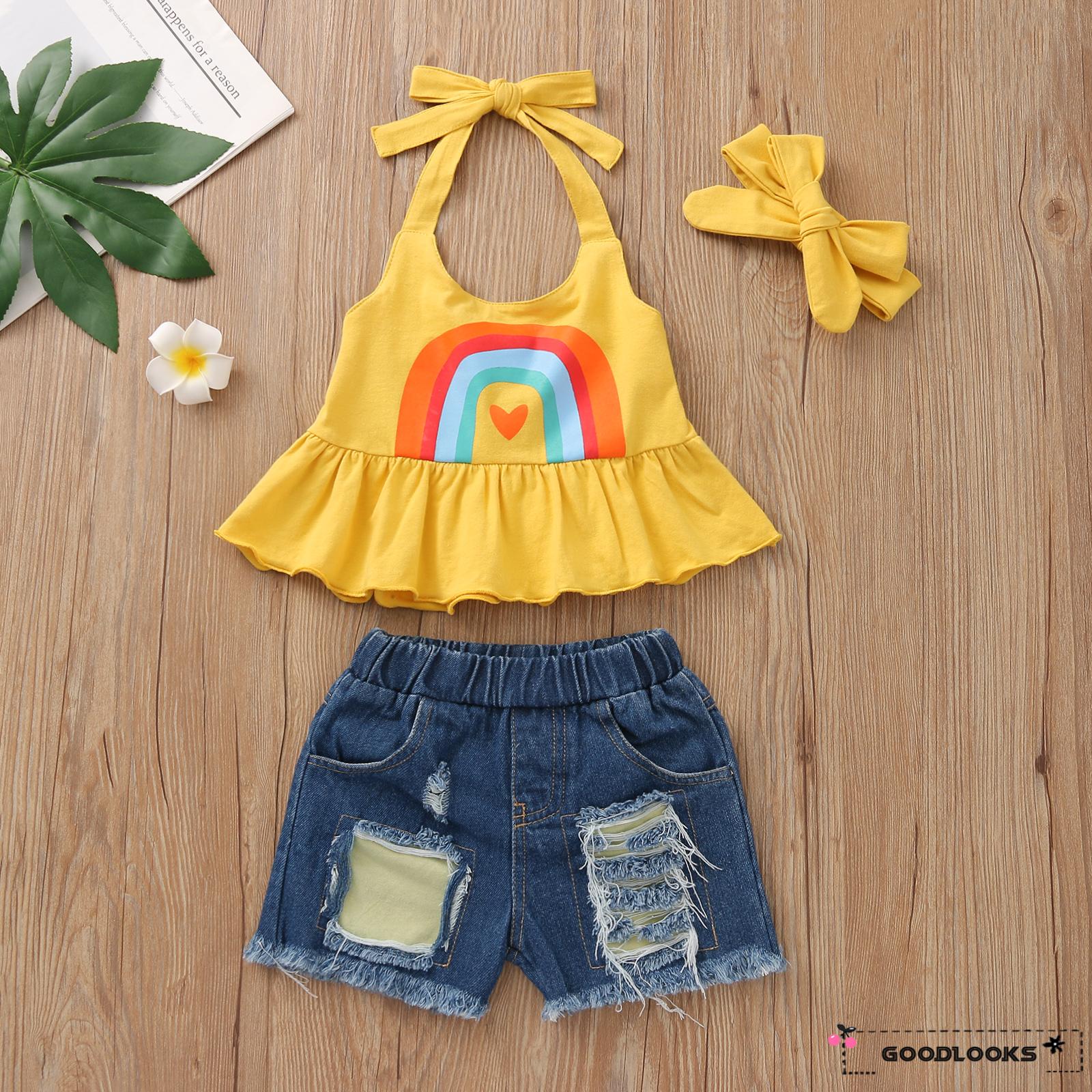 Set Áo Yếm Hở Lưng + Quần Short Jean + Băng Đô Thời Trang Cho Bé Gái