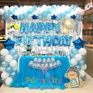 Set Trang Trí Sinh Nhật Cho Bé Trai Bé Gái  2 Rèm, Chữ Happy Birthday, 50 bóng Bay cao su