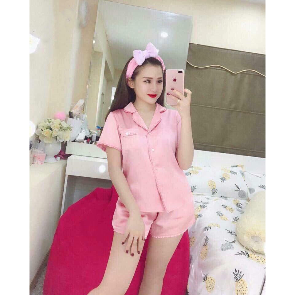 Bộ Lụa PIJAMA Bèo Nhún Tay Ngắn Quần Đùi.HÌNH THẬT 100%