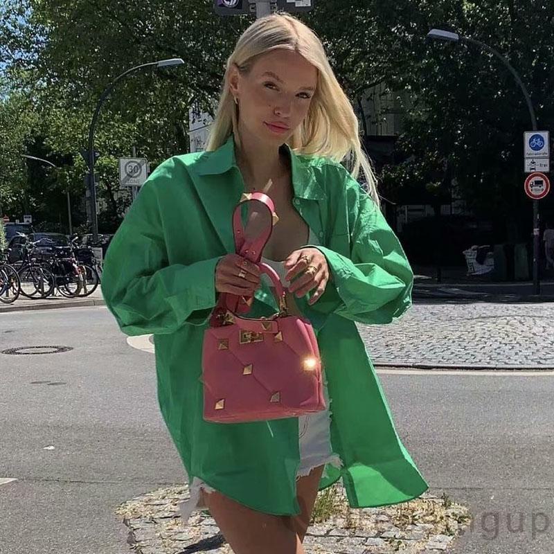 DRE-Women´s Long Sleeve Shirt, Solid Color Turn-Down Collar Button-Down Loose Fit Shirt