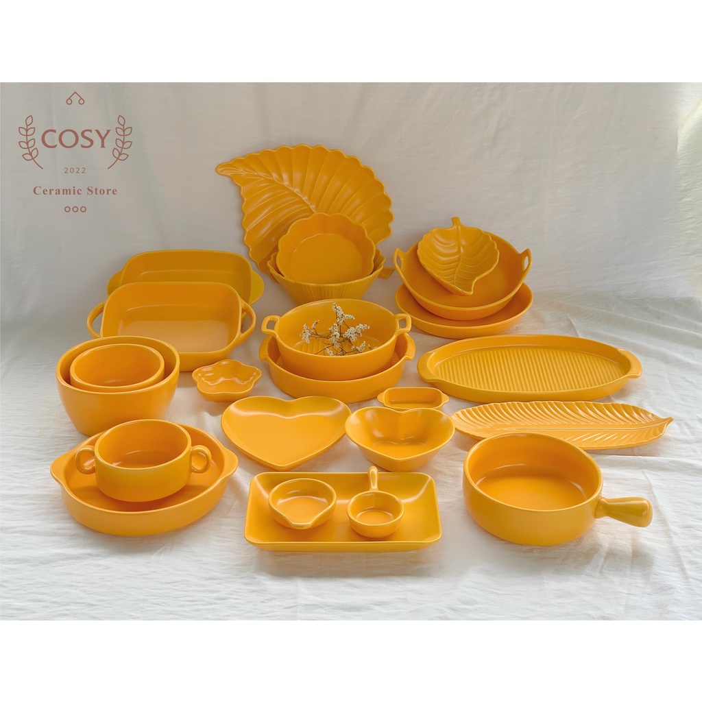 Bộ bát đĩa sứ decor màu vàng cực xinh, bộ bát đĩa sứ hàng nội địa Trung loại 1