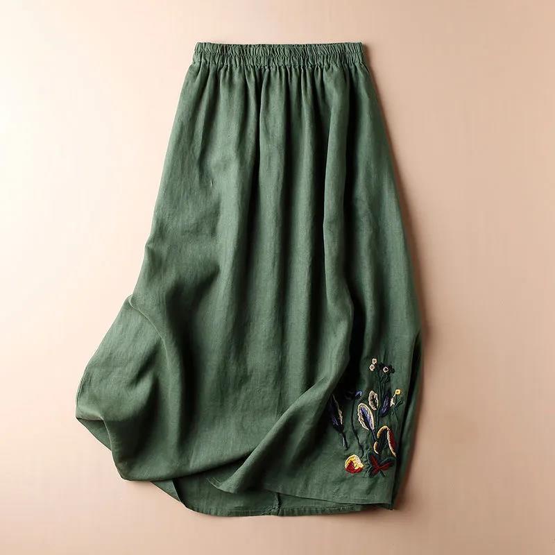 Chân Váy Chữ a Lưng Cao Vải Lanh cotton Mỏng Thêu Họa Tiết Phong Cách retro Thời Trang Mùa Hè Hàng Mới 2022