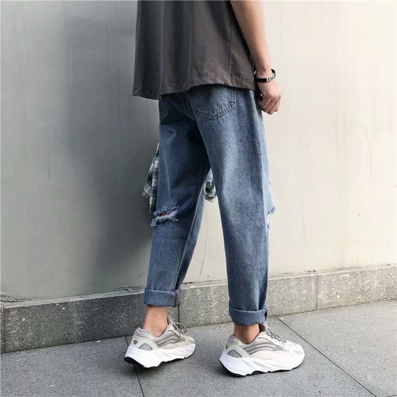 Quần jeans dài ống rộng rách gối thời trang Hàn Quốc sành điệu cho nam