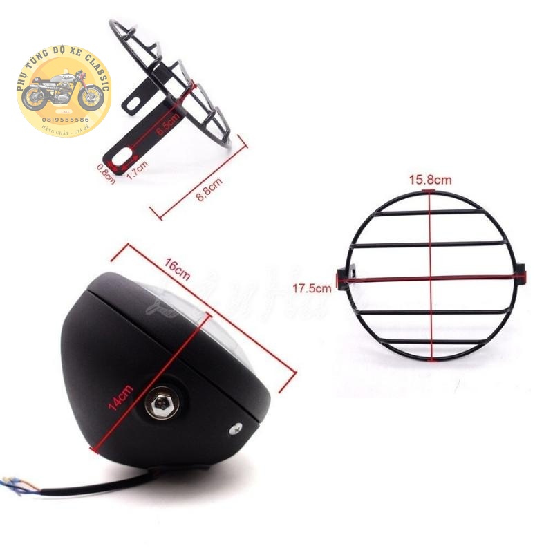 Combo đèn pha độ 16cm kèm sẵn ốp sắt bảo vệ pha và bộ pat gắn đèn vào phuộc dùng độ xe CLASIC Win GN125