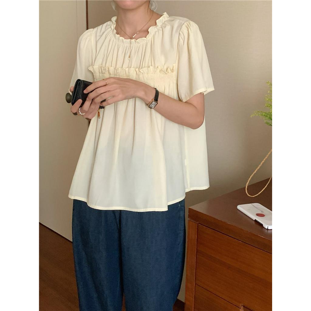 Áo kiểu Peppermint 53699 cổ tròn ngắn tay phối ren màu kẹo ngọt thời trang hè