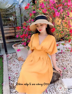 Bigsize Đầm xếp li eo vàng D33