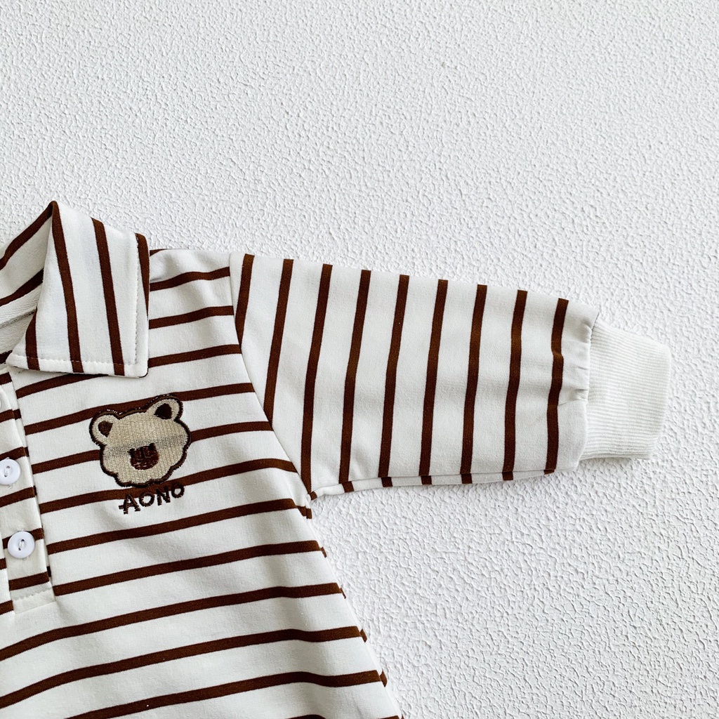 Áo Liền Quần Dài Tay Kẻ Sọc Thêu Hình Gấu Dễ Thương Cho Bé