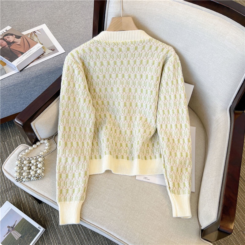 Áo Khoác Cardigan Dệt Kim Tay Dài Cổ Tròn Họa Tiết Kẻ Sọc Màu Sắc Tương Phản Thời Trang Thu Đông Cho Nữ