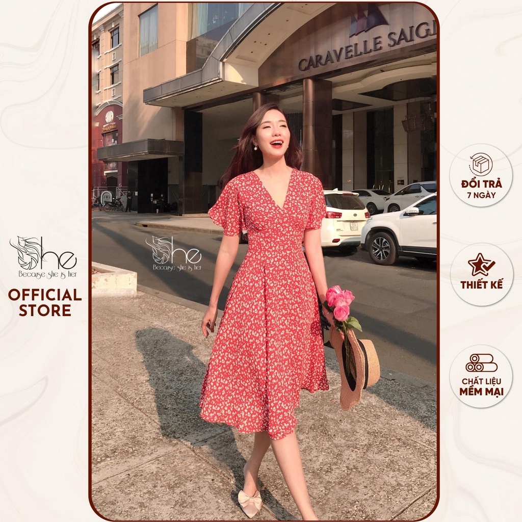 Váy hoa nhí voan thiết kế She, váy trắng tiểu thư dáng xoè đi biển xinh SDX80