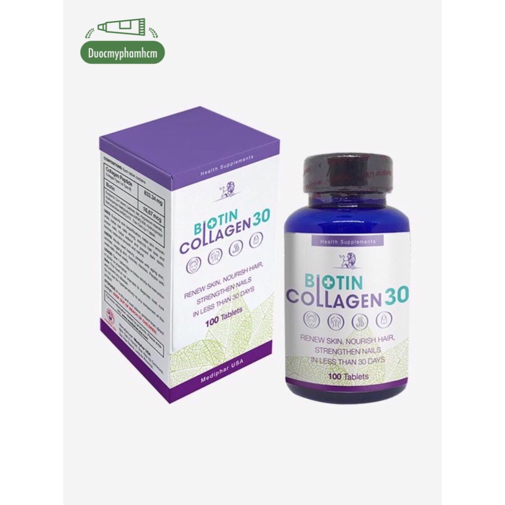 Biotin Collagen 30 - Viên uống đẹp da, hỗ trợ mọc tóc Mediphar USA sản xuất chuẩn GMP - Hộp 100 viên nén