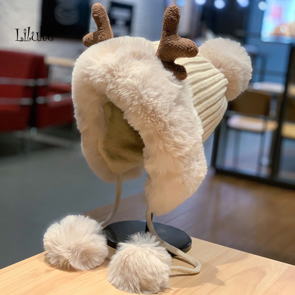 Mũ Trùm Đầu Phối Lông Hình Sừng Hươu Dễ Thương Cho Nữ