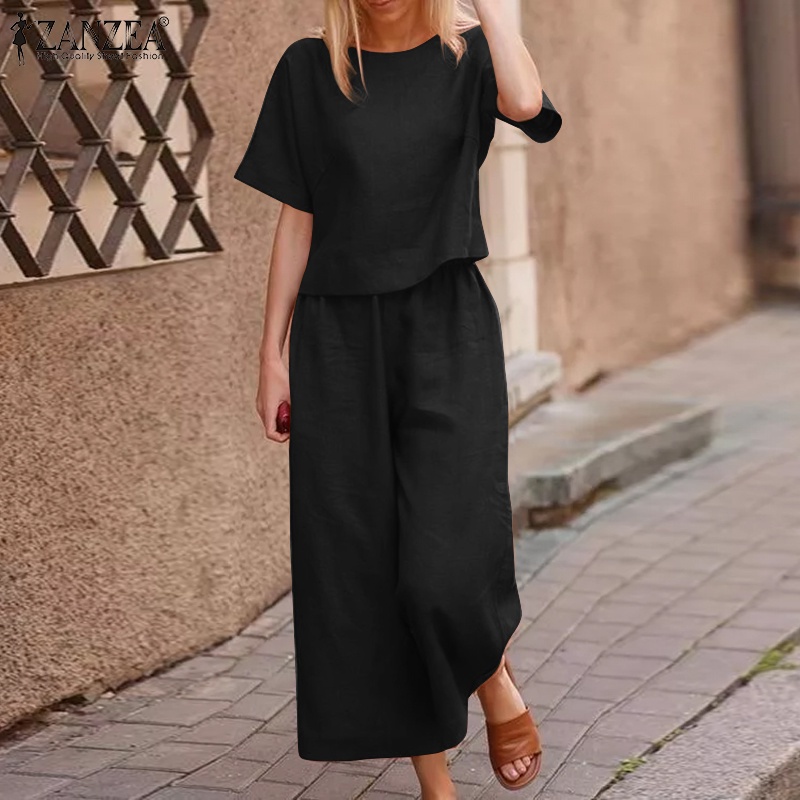 Bộ áo quần áo cổ chữ O tay lửng quần lưng thun ống rộng trơn màu cơ bản thời trang cho nữ ZANZEA