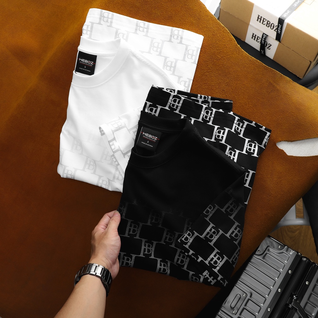 Áo thun cổ tròn nam in nhũ monogram chất vải cotton 4 chiều thoáng mát, HEBOZ - Black 00001170