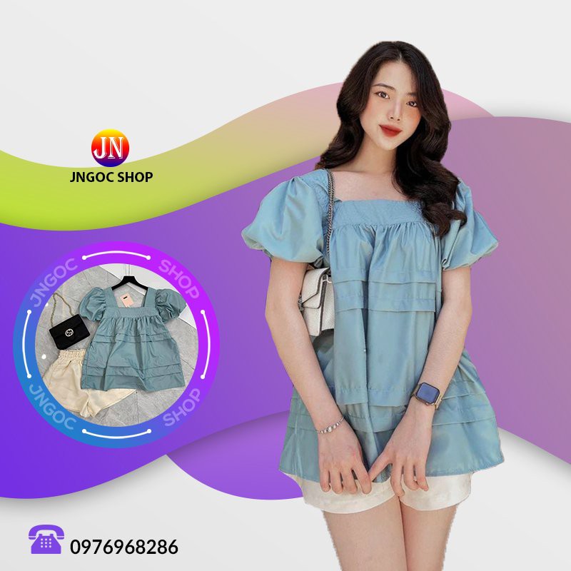 Sét quần áo cổ vuông Babydoll nữ tay bồng kiểu bánh bèo tay ngắn mix quần short