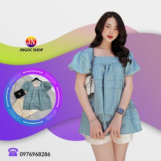 Sét quần áo cổ vuông Babydoll nữ tay bồng kiểu bánh bèo tay ngắn mix quần short