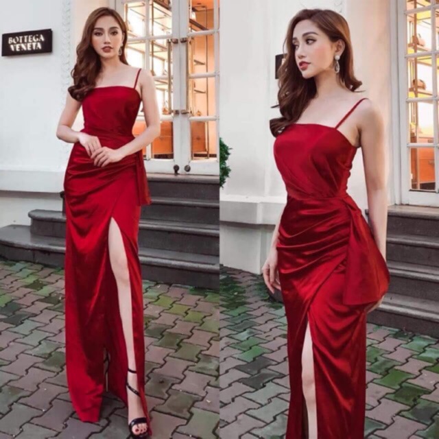 Đầm maxi body TRIPBLE T DRESS 2 dây xẻ đùi nhún bèo eo - size M/L - MS107V