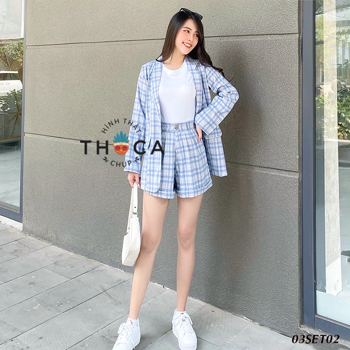 Set blazer khoác vest tay dài phối với quần ngắn săn lai caro xanh THOCA HOUSE size S, M thanh lịch công sở