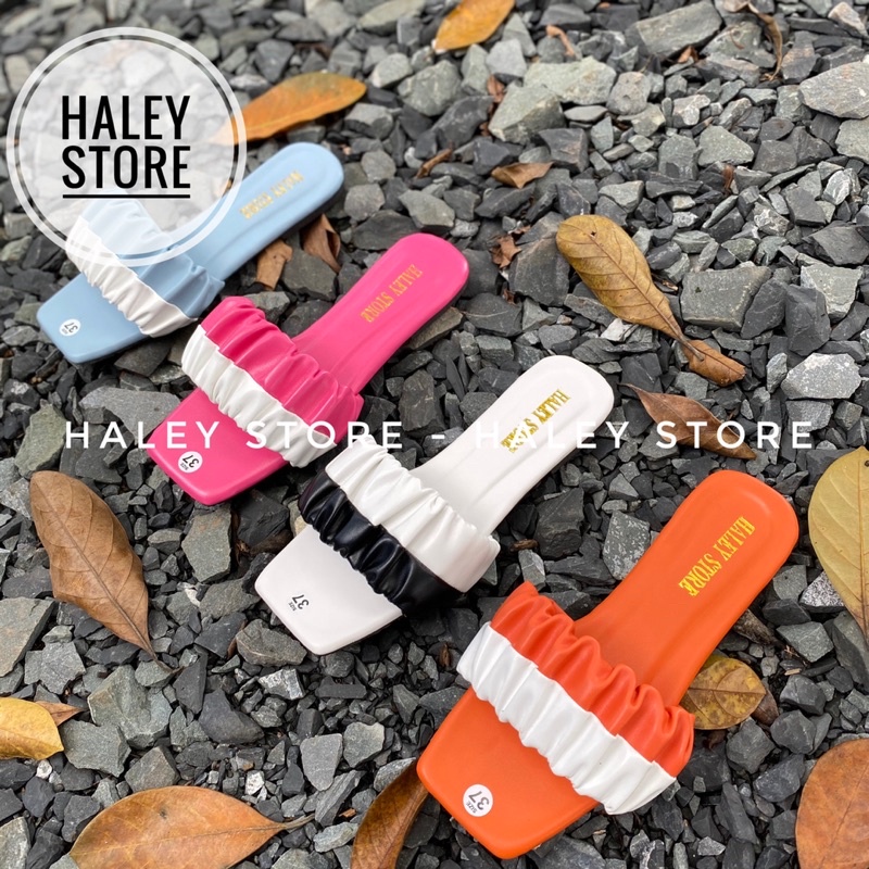 Dép nữ HALEY STORE mũi vuông đế bệt quai ngang nhún nhúm nhung bèo phối nhiều màu hot bò sữa hồng hottrend