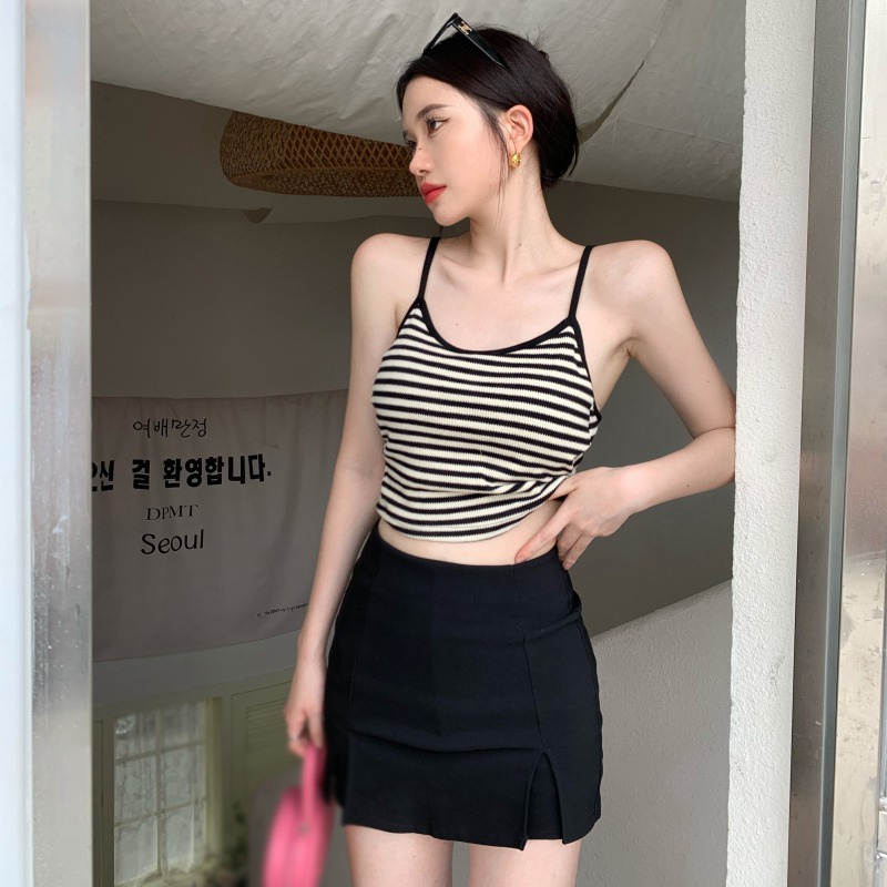 Áo hai dây dệt kim form ôm họa tiết kẻ sọc thời trang nữ