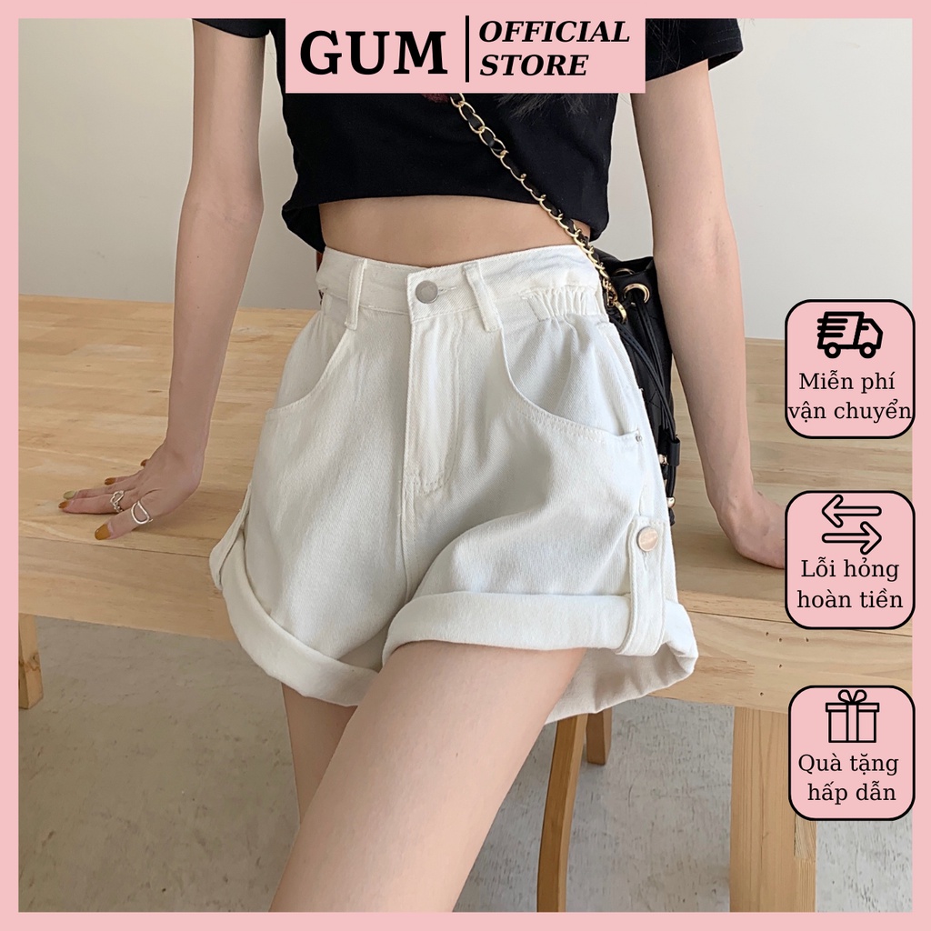 Quần short nữ ống rộng cạp cao GUM OFFICIAL chun sườn mặc 2 kiểu , quần đùi jeans xắn gấu màu đen trắng