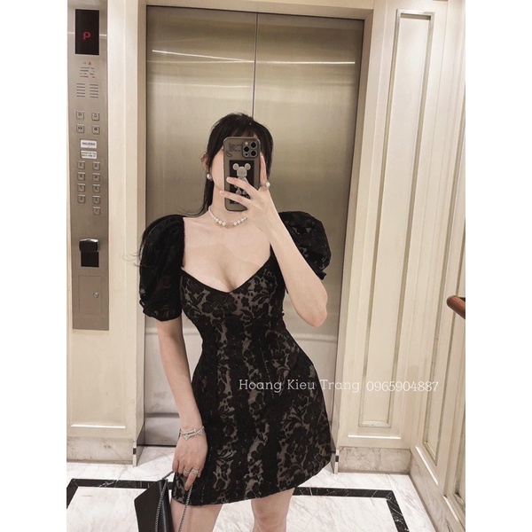 Váy ren cổ vuông tay bồng tôn dáng