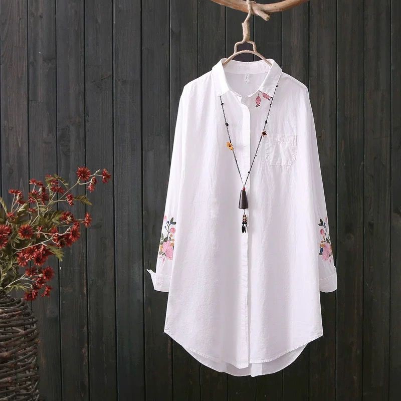 Áo cotton trắng thêu hoa phong cách Hàn Quốc