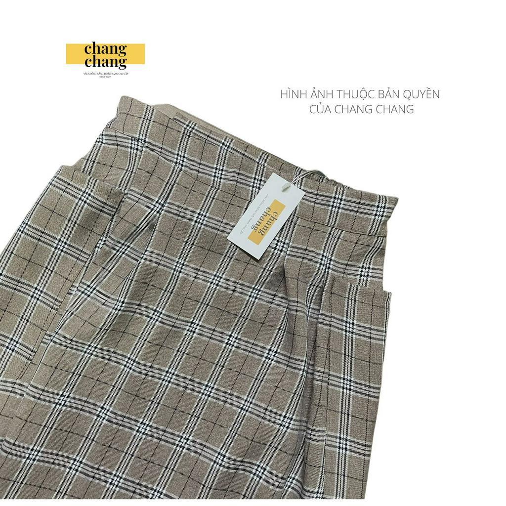 Váy Che Nắng Lưng Thun Cài Nút CHANG CHANG, Quây Che Nắng Thời Trang Nâu Caro Xếp ly