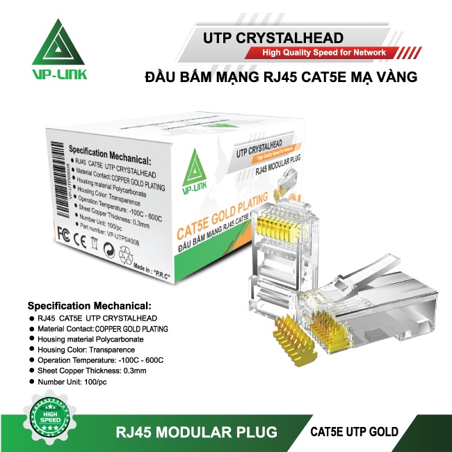 Đầu bấm mạng VSP RJ45 CAT5E mạng vàng