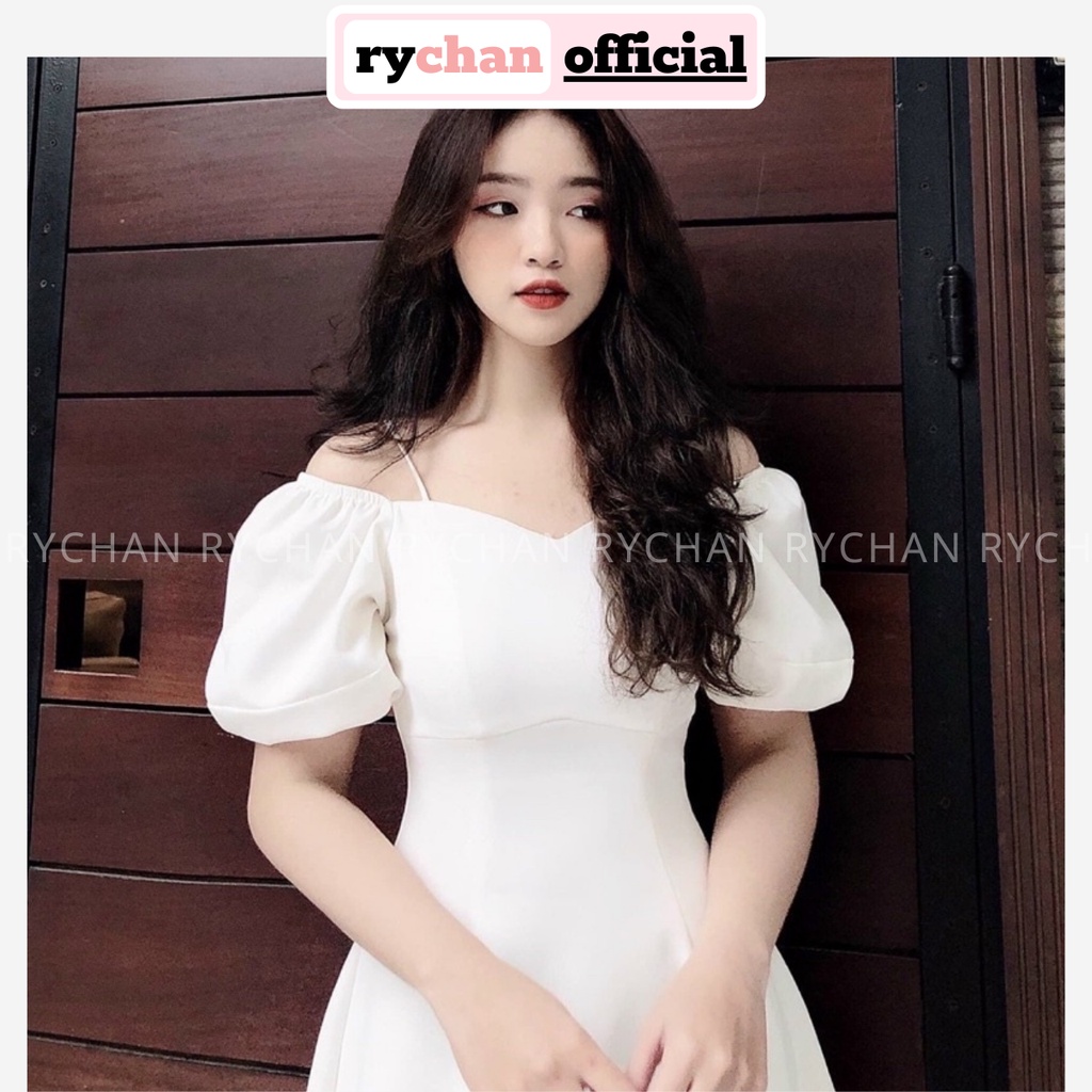 Đầm Nữ Dự Tiệc Cưới Dáng Xòe Hai Dây Tay Phồng Bó Eo Cực Sang Chảnh Màu Trắng - DX9839