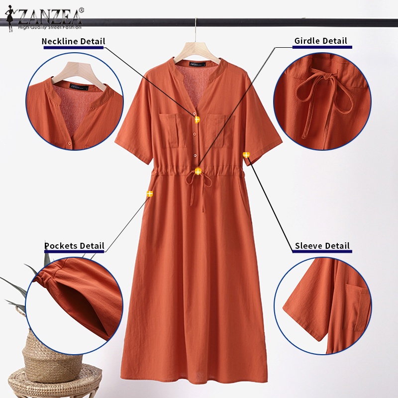 Đầm ZANZEA cổ V tay ngắn lưng cao dáng rộng phối dây rút phong cách vintage cho nữ