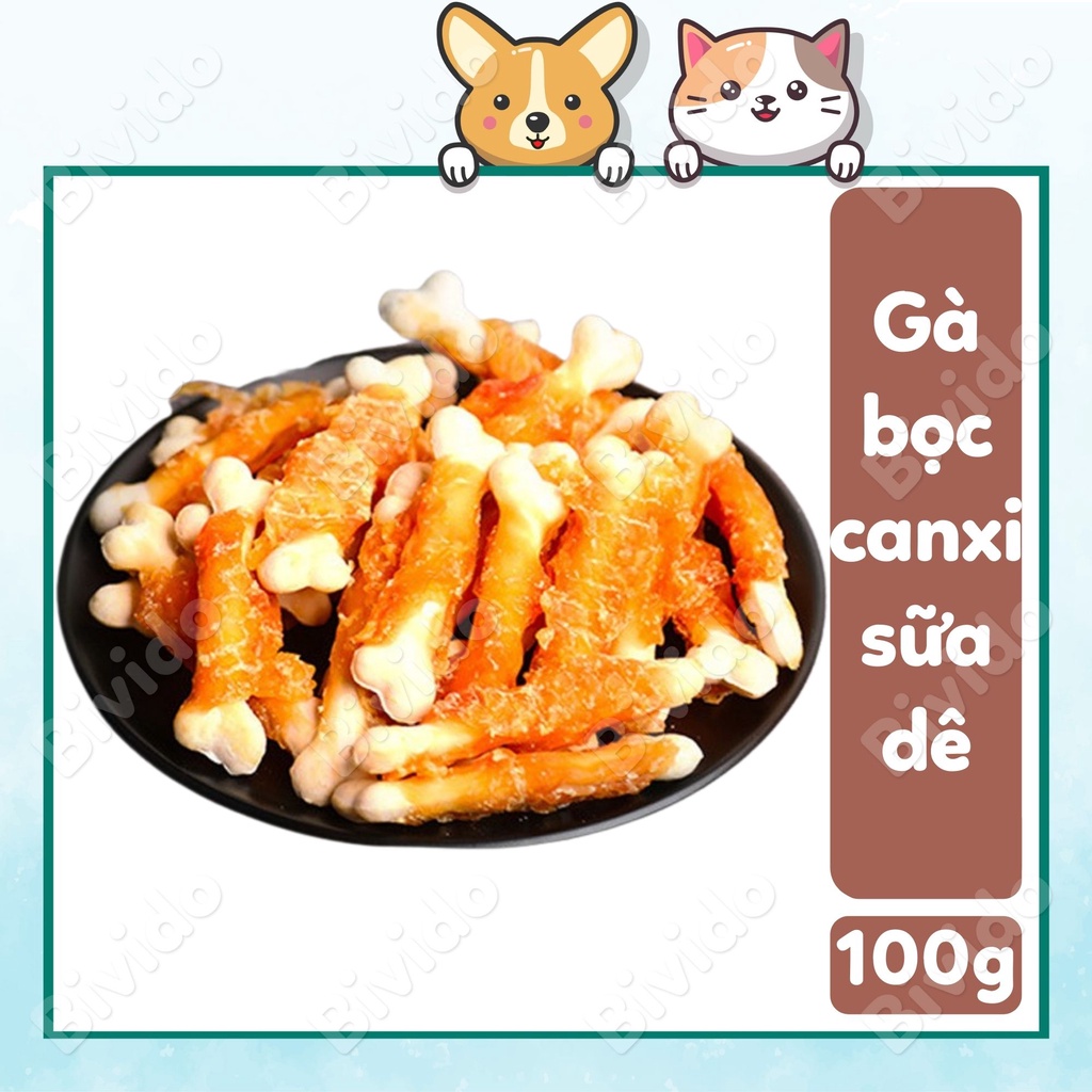 Bánh thưởng cho chó gà bọc canxi sữa dê Hello Joy dinh dưỡng túi 100g - Bivido