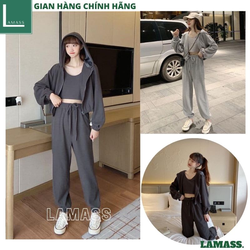 Set bộ thể thao - bộ nỉ áo khoác trơn kéo khóa mix quần bom kèm áo 2 dây 2 màu /xám/đen, Set 3 món basic - LAMASS