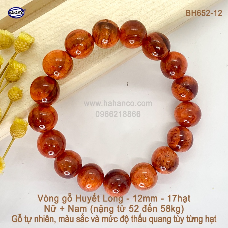 Vòng Tay Nam Nữ 12ly Gỗ Huyết Long Thấu Quang HAHANCO Giảm Tam Tai - BH652-12