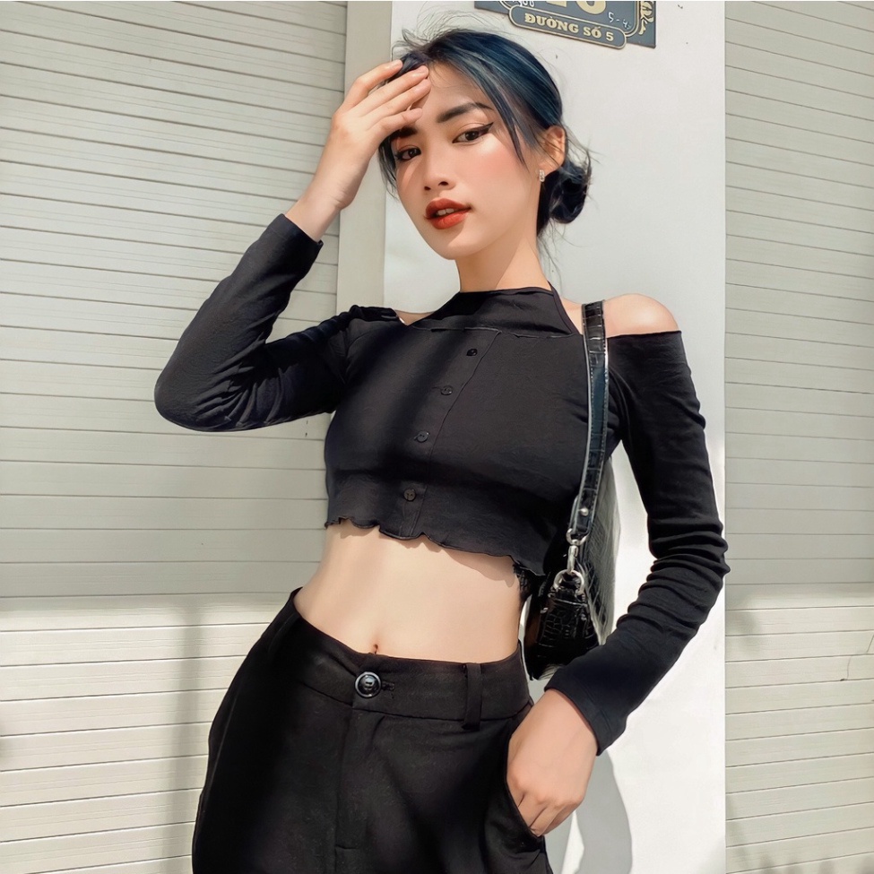 [HOT] Áo croptop nữ body dài tay bẹt vai cổ yếm hở vai Miami Vice