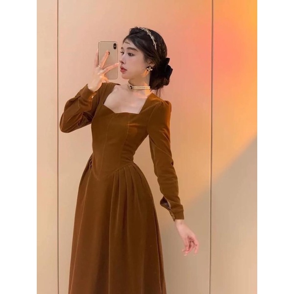 VÁY NHUNG CỔ LƯỢN XẾP LI VINTAGE