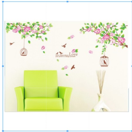 Decal trang trí tường hoa lá trên cành và lồng chim