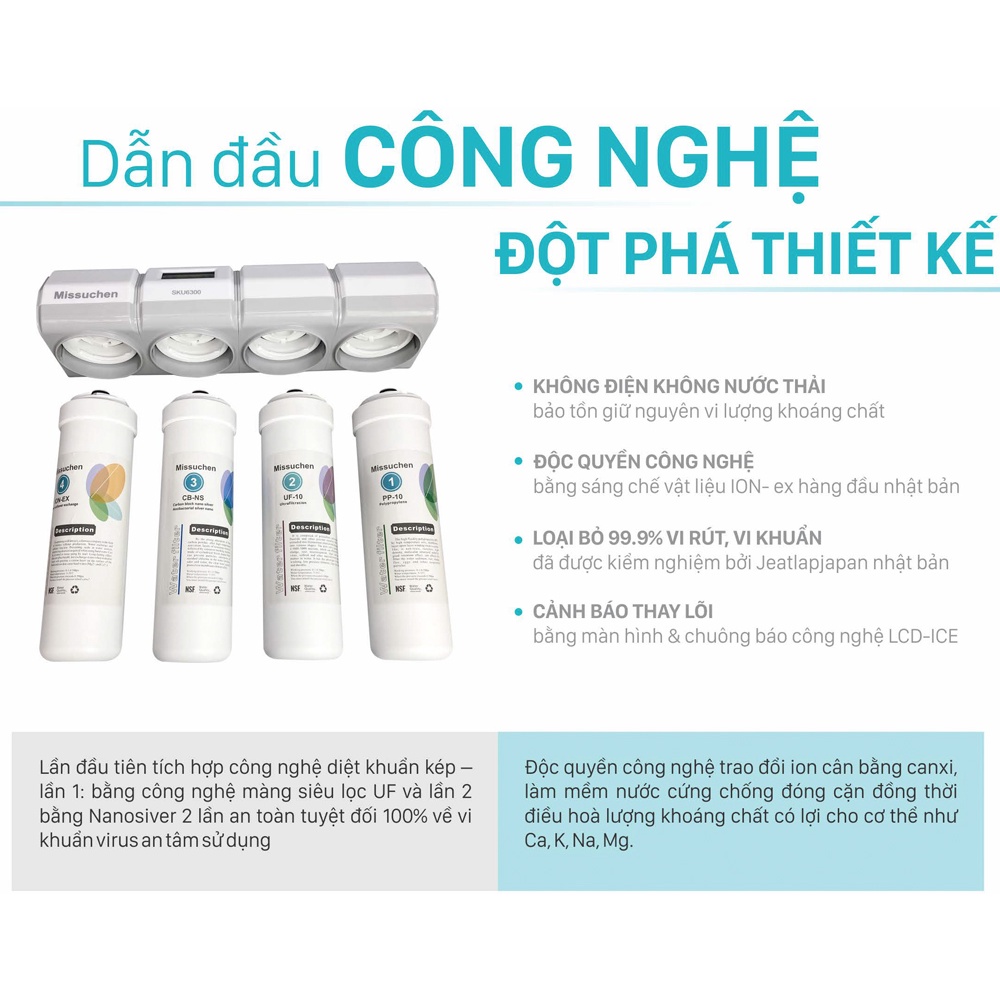 Máy lọc nước nano 4 cấp lọc không điện không nước thải Missuchen model SKU6300