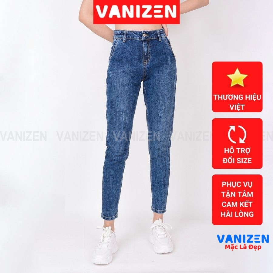 Quần jean nữ ống rộng baggy đẹp lưng cao cạp bán chun xanh đá xước nhẹ hàng hiệu cao cấp mã 429 VANIZEN
