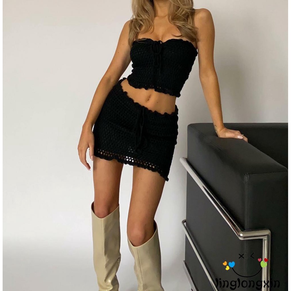 ✰DJ✲2 Piece Clothing Set Y2K Ruffles Knitted Hollow Out Strapless Tube Crop Top and Mini Skirt Chic Women Summer